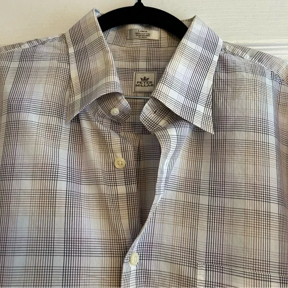 Peter Millar Long Sleeve 100% cotton button down purple tan stripe shirt size L - Picture 2 of 7